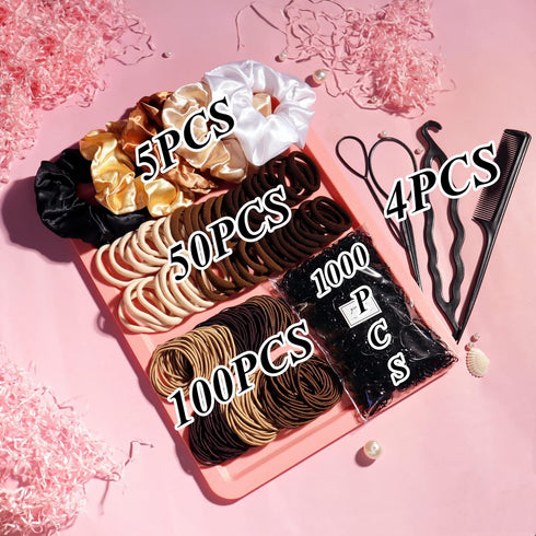 YANRONG 1159PCS Hair Accessories Set, Seamless Ponytail Holders, Variety Scrunchies for Thick Curly Hair, Brown