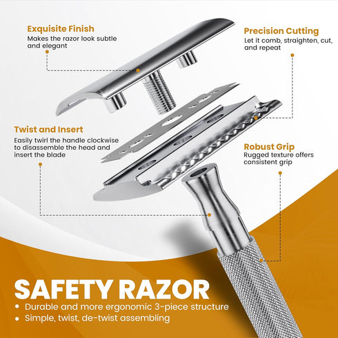 Utopia Care Double Edge Safety Razor for Men & Women with 10 Premium Stainless Steel Double Edge Razor Blades Refills for Single Blade Razors for Men & Women, Reusable One Blade Razor - Silver