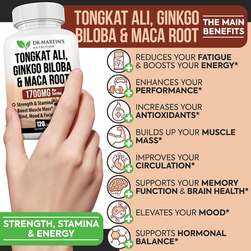 1700mg Tongkat Ali, Maca Root & Gingko Balboa, Supplement | 120 Capsules | for Strength, Stamina, Energy, Mood, Vitality & Endurance | Supports Memory & Mental Performance | for Men & Women