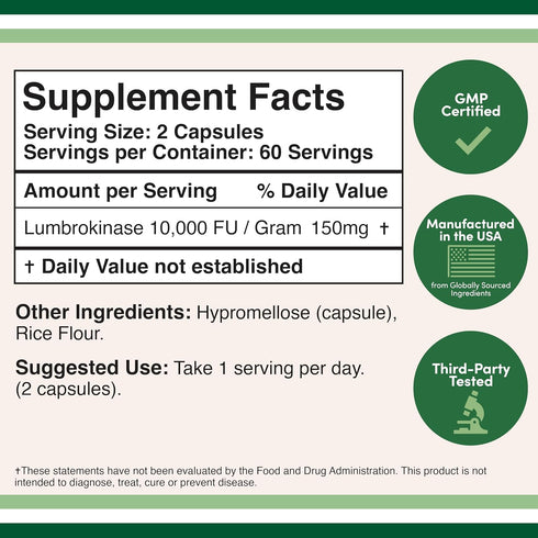 Lumbrokinase Enzymes Supplement - 120 Capsules (Max Activity 10,000 FU/Gram) 150mg per Serving (No Fillers, Non-GMO, Gluten Free) for Cardiovascular and Blood Circulation Support by Double Wood