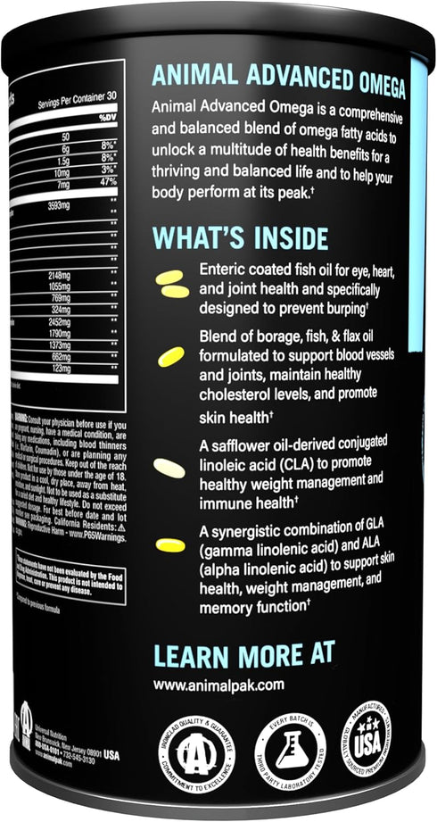 Animal Advanced Omega Essential Fatty Acids - High Potency 3500mg Omega 3 & Omega 6 Supplement with EPA, DHA, ALA, CLA,