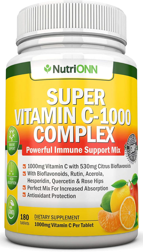 Super Vitamin C Complex - 1695Mg - 180 Tablets - with 530 mg Natural Citrus Bioflavonoids, Rose Hips, Rutin, Quercetin