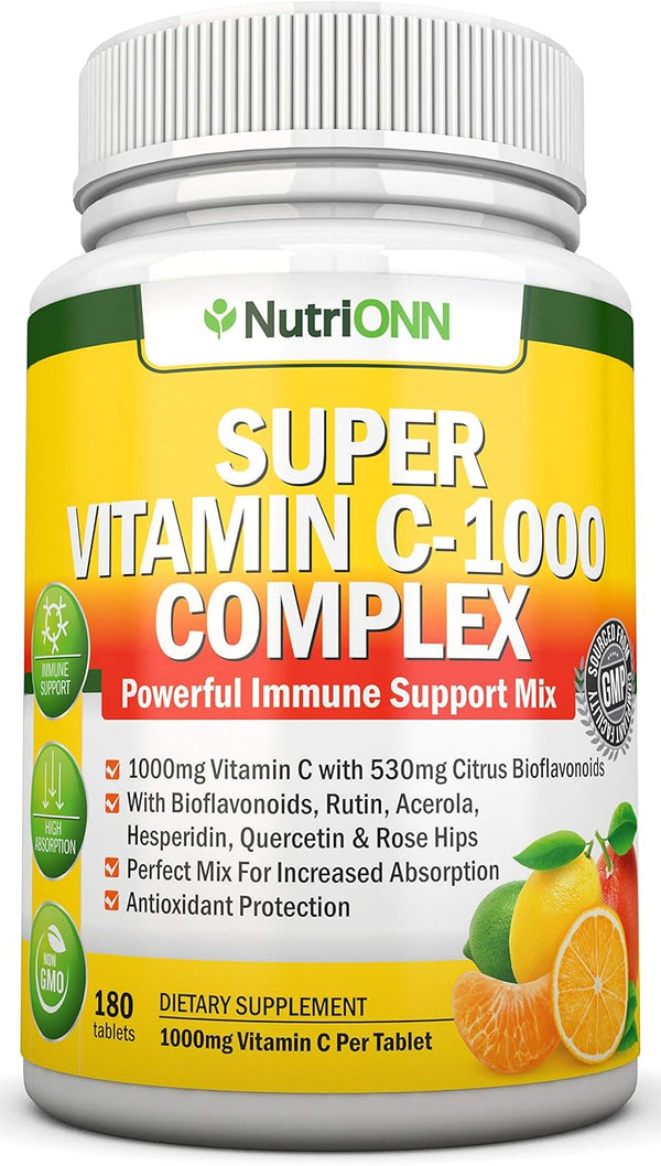 Super Vitamin C Complex - 1695Mg - 180 Tablets - with 530 mg Natural Citrus Bioflavonoids, Rose Hips, Rutin, Quercetin