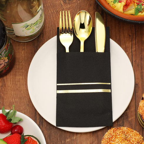 25 Set Plastic Silverware with Napkins, Wrapped Disposable Cutlery Set for Dinner Party Wedding, Black Gold
