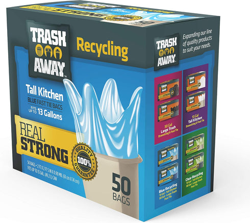 Heavy Duty Recycling Bags, 50 Ct, 13 Gallons, Tall & Strong Bags for Home & Kitchen, Thick Recycle Bin Bags (Blue)