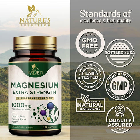 Magnesium Pills Extra Strength, 1000mg, Chelated for Ultra Absorption, 180 Capsules, Non-GMO