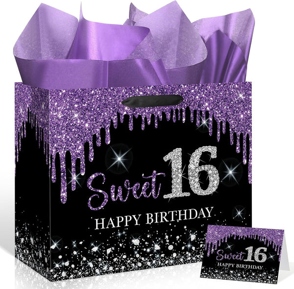 Yoirrat Sweet 16 Gift Bag with Wrapping Tissue Paper & Card Large Purple