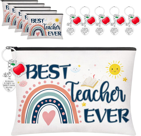 Teacher Appreciation Gifts Set, 6 PCS Makeup Bags & 6 PCS Heart-Shaped Keychains, Valentines Graduation Gifts