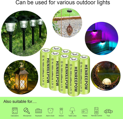 Henreepow Ni-MH AA Rechargeable Batteries, Double A High Capacity 1.2V Pre-Charged for Garden Landscaping Outdoor Solar