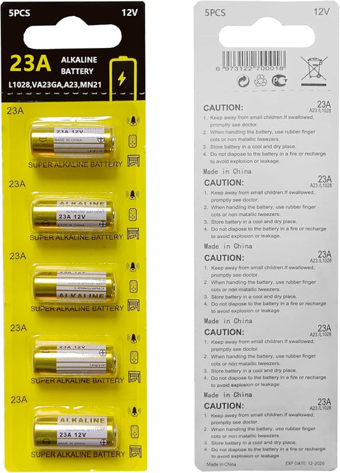 23A 12 Volt Battery A23, Long Lasting 12V Battery 5 Pack for Doorbells and Remote Control Units