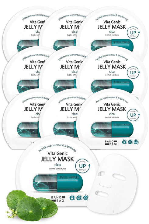 Vita Genic Jelly Cica Face Masks - Korean Skin Care Sheet with 11 Vitamin Complex, 10 Sheets, 1.8 fl oz