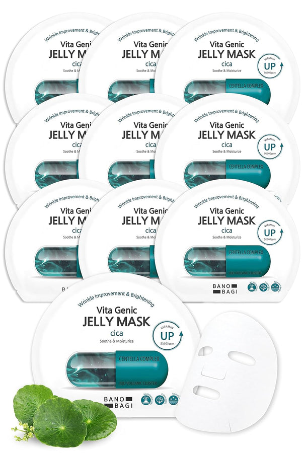 Vita Genic Jelly Cica Face Masks - Korean Skin Care Sheet with 11 Vitamin Complex, 10 Sheets, 1.8 fl oz