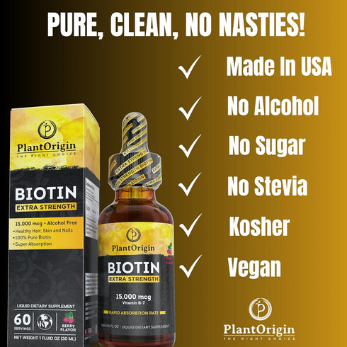 Extra Strength Biotin Liquid Drops, 15,000 MCG, Hair Growth Supplement for Men & Women, Vegan & Kosher - 60 Servings
