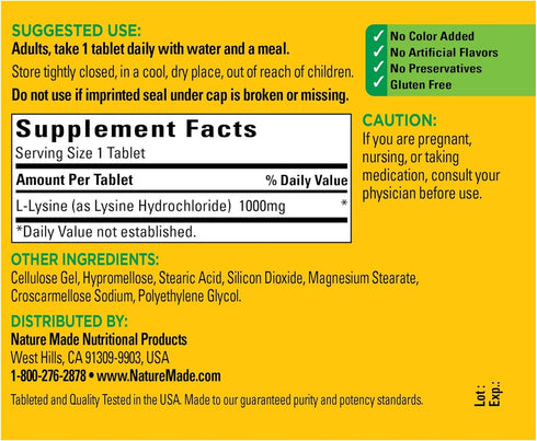 Nature Made Extra Strength L-Lysine 1000 mg Tablets, 60 Count for Protein Synthesis