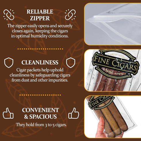 Clear Printed Fine Cigars Cigar Bags - 3 x 10 Inches, 100 Pack Reclosable Zipper Bags for Cigars