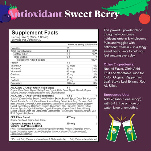 Amazing Grass Greens Blend Antioxidant - Super Greens Smoothie Mix, Sweet Berry, 30 Servings, Spirulina & Probiotics