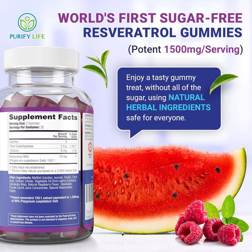 Purify Life Sugar-Free Resveratrol Gummies, 1500mg Supplement for Digestive & Immune Health, Antioxidant Support