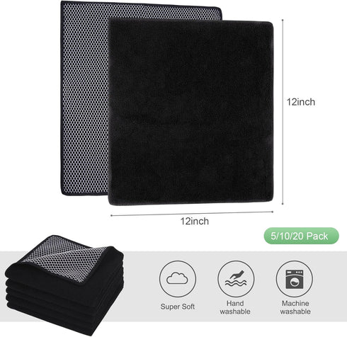 SINLAND Microfiber Dish Cloth, 10 Pack, 12 Inch x 12 Inch, Best Kitchen Washcloths with Poly Scour Side, Black
