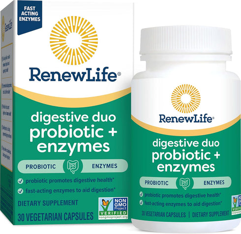 Renew Life Digestive Duo Probiotic + Enzymes, 30 Vegetarian Capsules, Promotes Digestive Health