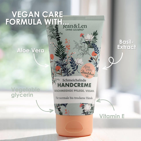 Jean & Len Flattering Hand Cream, Aloe Vera & Basil, 2.53 Fl. Oz., Vegan, Hand Care for Normal to Dry Hands