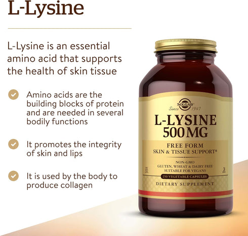 Solgar L-Lysine 500 mg, 250 Vegetable Capsules - Non-GMO, Vegan, Gluten Free - Enhanced Absorption & Collagen Support