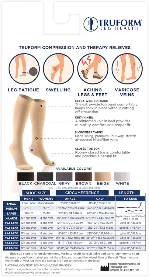 Truform 20-30 mmHg Compression Stockings, Knee High, Closed Toe, Black, 2X-Large