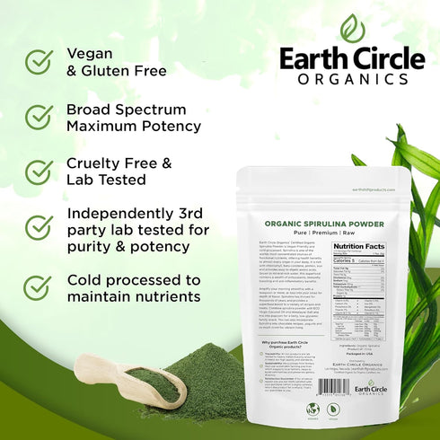 Earth Circle Organics Spirulina Powder, Raw, Kosher, Non-Irradiated | Premium Vegan Protein Superfood - (8oz - 2Pack)