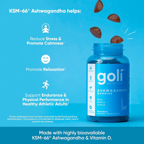 Goli Ashwagandha & Vitamin D Gummy, 60 Count, Mixed Berry, Vegan, Plant Based, Relax, Restore, Unwind