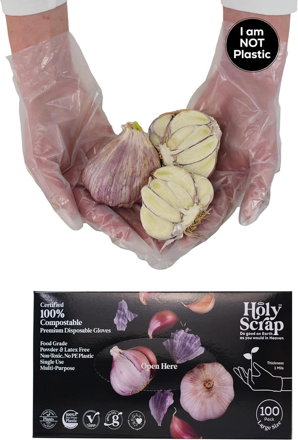 100% Certified Compostable Disposable Gloves S/M/L/XL, Food Grade, Powder & Latex Free, Cleaning & Germ Protection