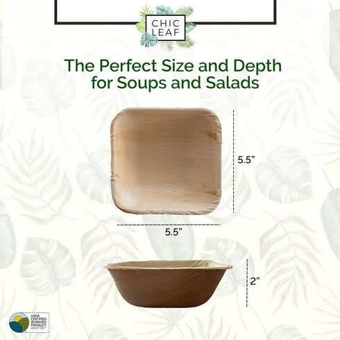 Chic Leaf Palm Leaf Bowls 5.5 Inch 16oz Disposable Bowls Square (25 pc) - 100% Compostable Bamboo Style Biodegradable Bowls - Eco Friendly Party Bowls for Wedding & Catering by Chic Leaf