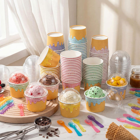 Jingmore 240 Set 4oz Ice Cream Paper Cups with Lids and Spoons, Disposable Sundae Bowls, Dessert Cups for Birthday