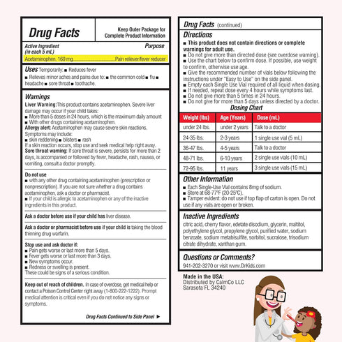 Dr. Kids Children's Pain and Fever Acetaminophen - Pre-Measured Single-Use Vials, Travel Compliant, 3.4 Fl Oz (20 Count)