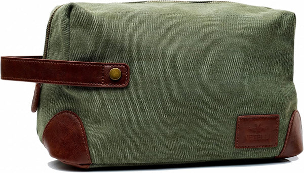 Vetelli Vintage Canvas Toiletry Bags, Waterproof Dopp Kits for Travel (Marco, Green)