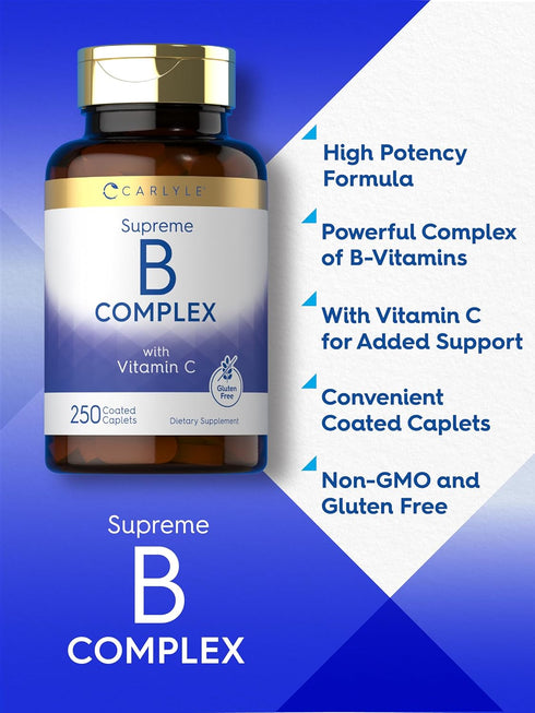 Carlyle Vitamin B Complex Plus Vitamin C, 250 Caplets - Vegetarian, Non-GMO and Gluten Free Supplement