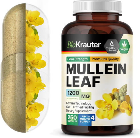 BIO KRAUTER Mullein Capsules for Lung Detox 1200 mg - 250 Count - Vegan Mullein Leaf Capsules for Respiratory Support -