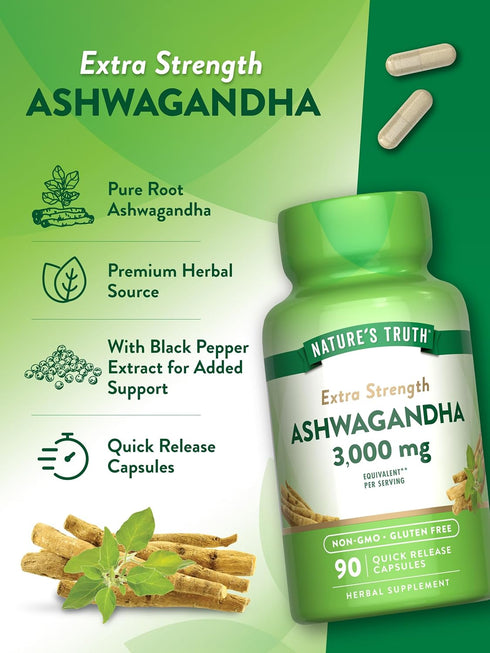 Nature's Truth Ashwagandha Capsules 3000mg, 90 Count, Extra Strength Non-GMO & Gluten Free Root Supplement