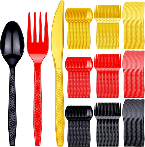 180 Pcs Heavy Duty Plastic Silverware Set, Red Black Gold Disposable Cutlery for Graduation Wedding Party Dinner
