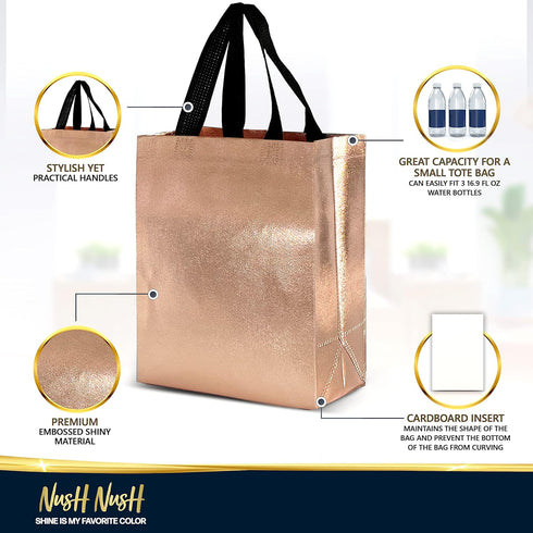 Nush Nush Rose Gold Gift Bags, Medium Size, Set of 12 Reusable Gift Bags with Handles, Pink Gift Bags