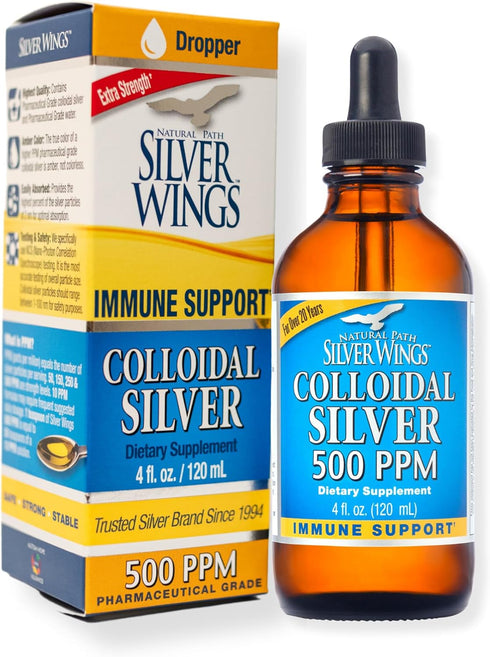 Natural Path Silver Wings Colloidal Silver 500ppm Immune Support Supplement, 4 fl. oz. Dropper