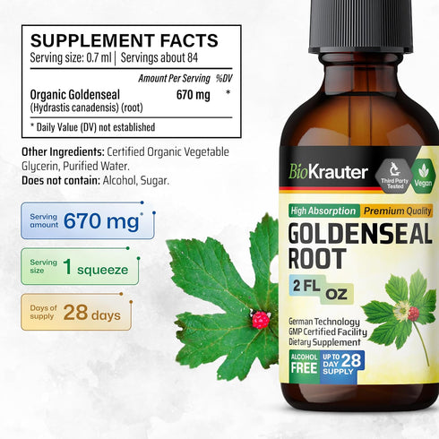Goldenseal Root Supplement Drops, 2 Fl.Oz., Organic Goldenseal Tincture, Vegan, Alcohol & Sugar Free Liquid Extract