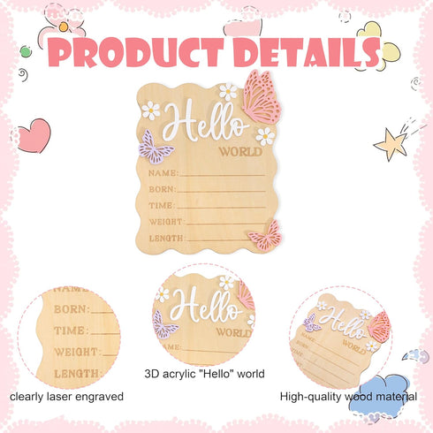 TERJIO Butterfly Daisy Hello Worid Board - Little Butterfly Birth Announcement Sign, Wooden Hello World Card