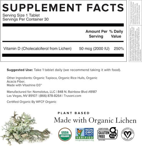 Truvani Organic Lichen Vitamin D3, 30 Tablets