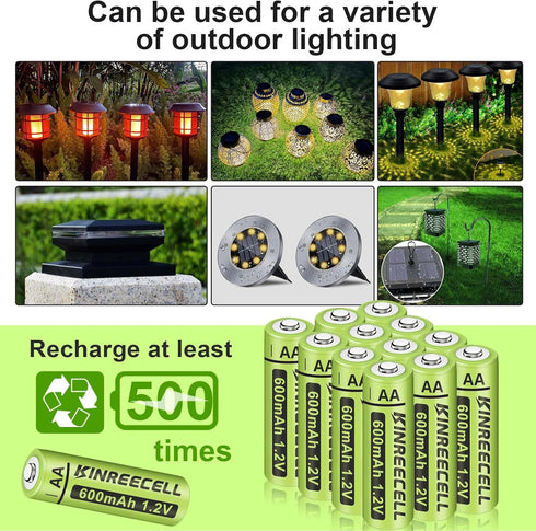 KINREECELL 600mAh 1.2V Lights(24pack) Rechargeable AA Batteries, Ni-MH Double A Solar Batteries High Capacity