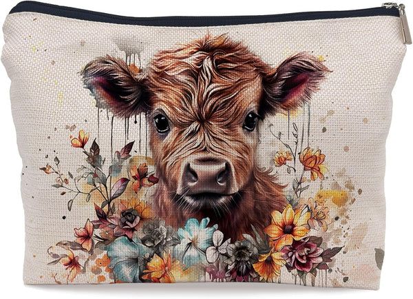 Highland Cow Gifts Makeup Bag, Western Cow Print Cosmetic Bag for Women