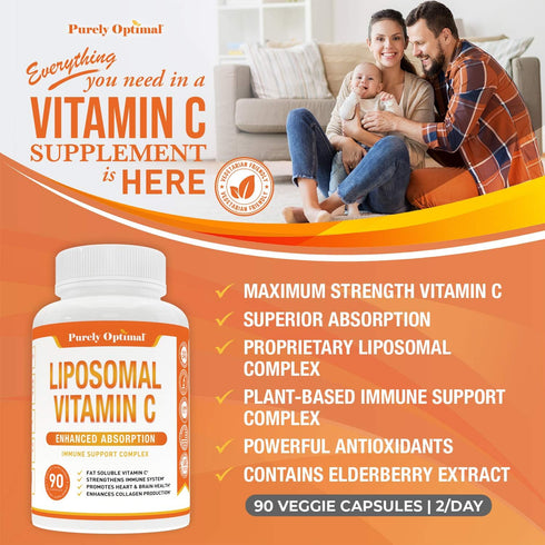 Premium Liposomal Vitamin C Supplement, 1000mg, High Absorption, Immune Support, Non-GMO, 90 Capsules