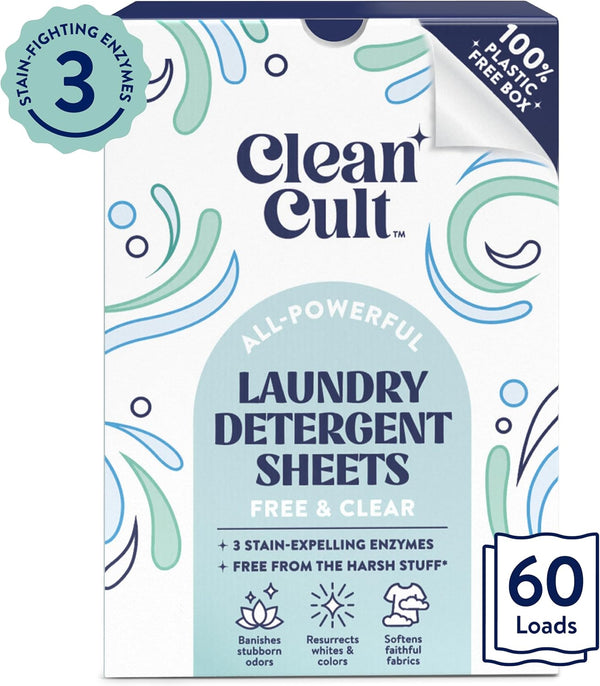 Cleancult Laundry Detergent Sheets - 60 Loads, Fragrance Free, Concentrated Liquidless, No Harsh Chemicals