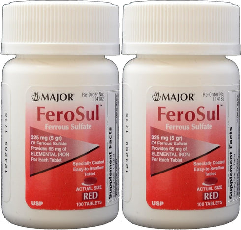 Ferrous Sulfate FC 325mg (5GR) Generic for Feosol Red Tablets, 100 Tablets per Bottle (2 PACK)