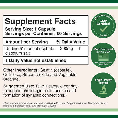 Uridine Monophosphate - Third Party Tested (Choline Enhancer, Beginner Nootropic) 300mg, 60 Capsules