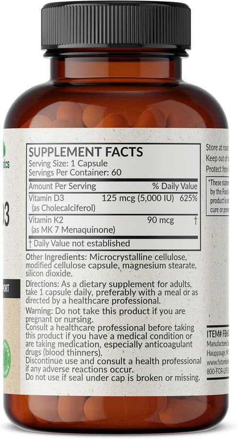 K2 (MK7) D3 5000 D3 90 K2 MK-7, 60 Futurebiotics Vitamin with Supplement - Non-GMO Formula - IU Vitamin & mcg Vitamin