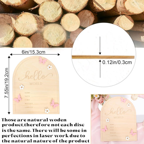 TERJIO Hello World Newborn Sign - Baby Announcement Sign for Baby Showers, Pink Butterfly Newborn Birth Announcement